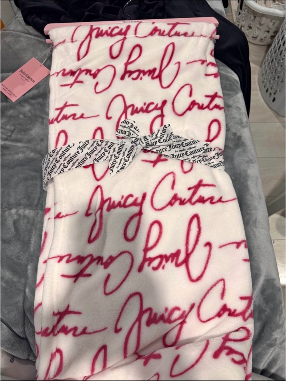 Juicy Couture White Plush Throw with Pink Script Logo